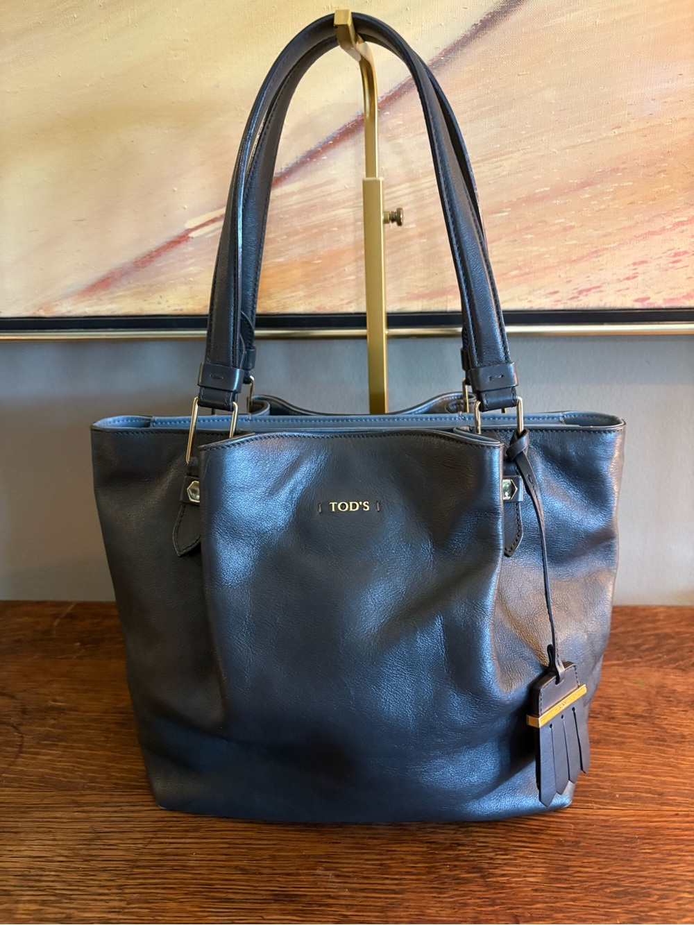 TODS Medium Flower Bag Navy Blue Leather Tote Shoulder Bag Italy Y2K